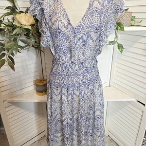 GUADALUPE Elegant Blue and White Patterned Midi Dress MED 1401